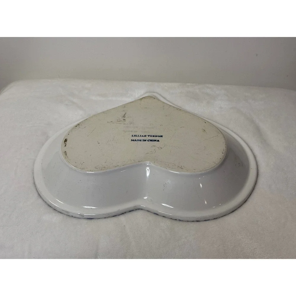 Vtg LILLIAN VERNON Stoneware Blue Spatter Sponge Heart Bowl Pie Pan Cottage Core